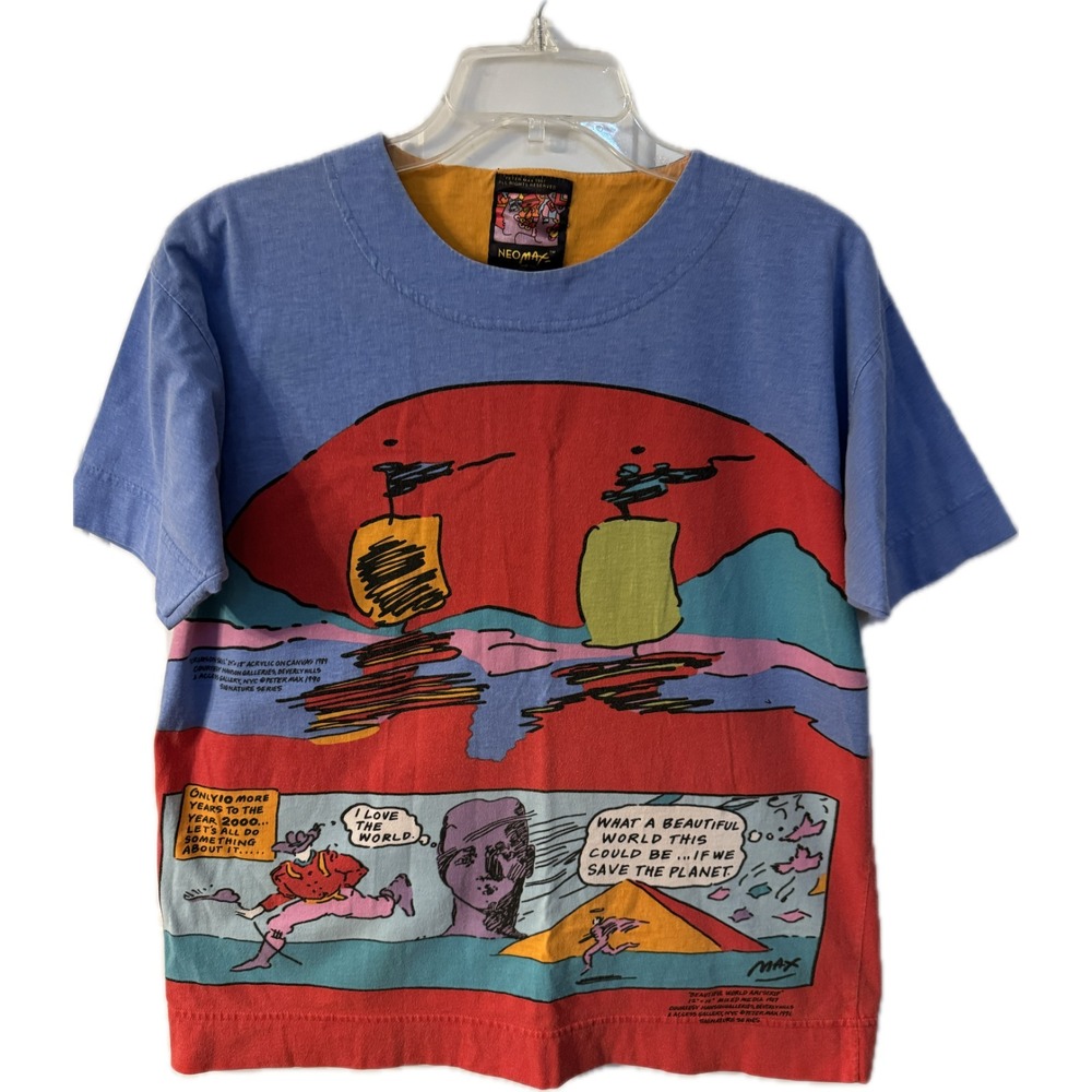 Peter Max NEOMAX rare graphic t shirt I Love the World artstrip 1989 VINTAGE Y2K